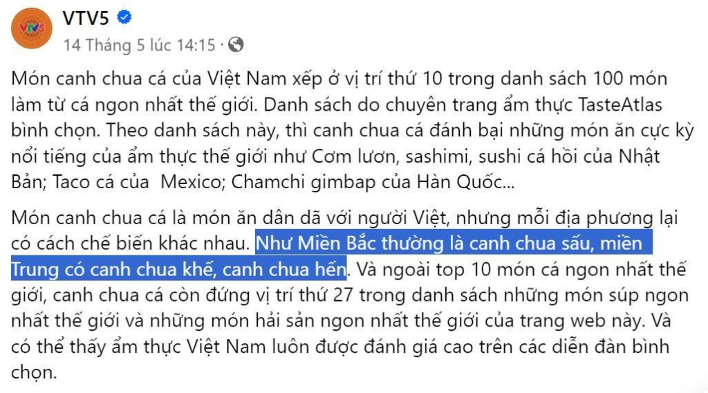 VTV đưa tin thiếu kiến thức, hay cố tình phủ nhận món canh chua Miền Nam